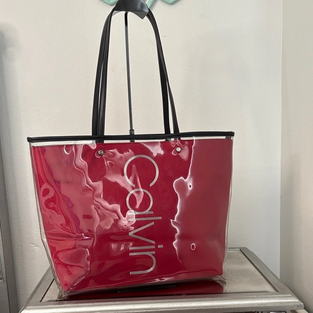 Calvin Klein Red Clear PVC Tote with Black Handles